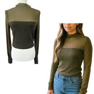 HEART & HIPS Olive Long-Sleeve Mockneck Sheer Sleeve Knit Top Size M